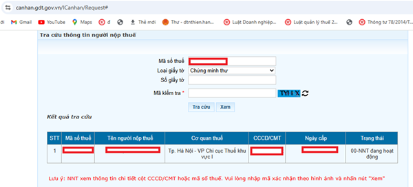 tra cứu thông tin người nộp thuế